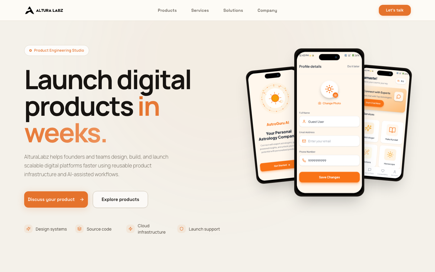 AlturaLabz homepage presenting product engineering and reusable launch infrastructure
