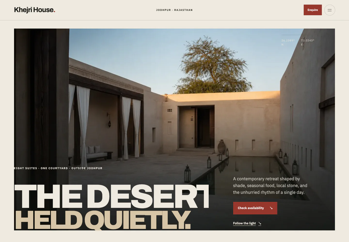 Khejri House hospitality concept homepage showing a desert courtyard at dawn